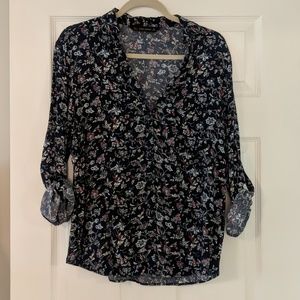 Zara Basic Floral Button Down Deep V-neck Navy